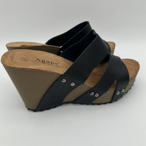 Agape Womens Black Strappy Wedge Sandals 6.5 With Stud Accents & Sturdy Sole - Picture 4 of 7